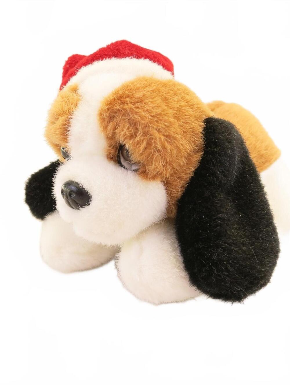 Christmas Aurora Plush Brown and White Puppy with Santa Hat 6.5" Long
